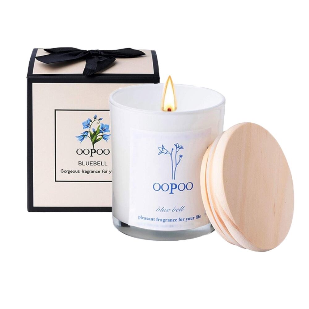 NEW Oopoo Blue Bell 100% SOY WAX CANDLE Wooden Lid In BOX Long Lasting Burning